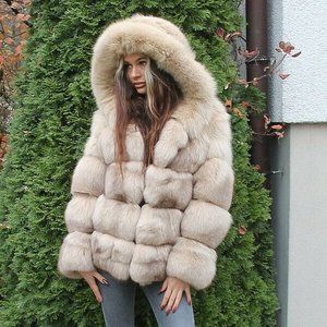 100% Real Fox Fur Jacket With Hood Coat Outwear Clothing Garment Fashion Beige